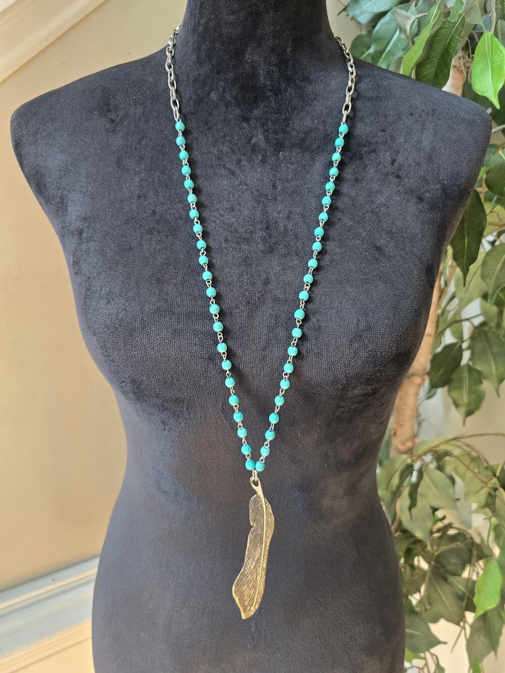 West & Co Turquoise Beaded Long Pendant Necklace Gold Tone Leaf Boho Jewelry